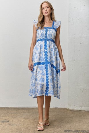 Printed Smocked Bodice Ruffle Strap Midi Dress (S - XL)