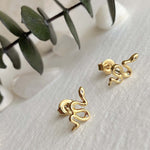 "Grasslands" Tiny Snake Stud Earrings with Rhinestones in Gold