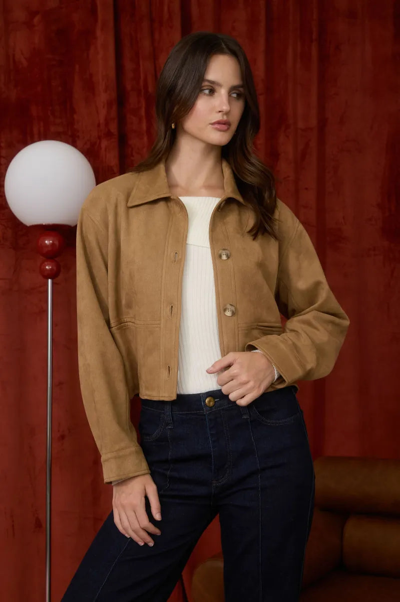 Collared Button Down Cropped Suede Jacket