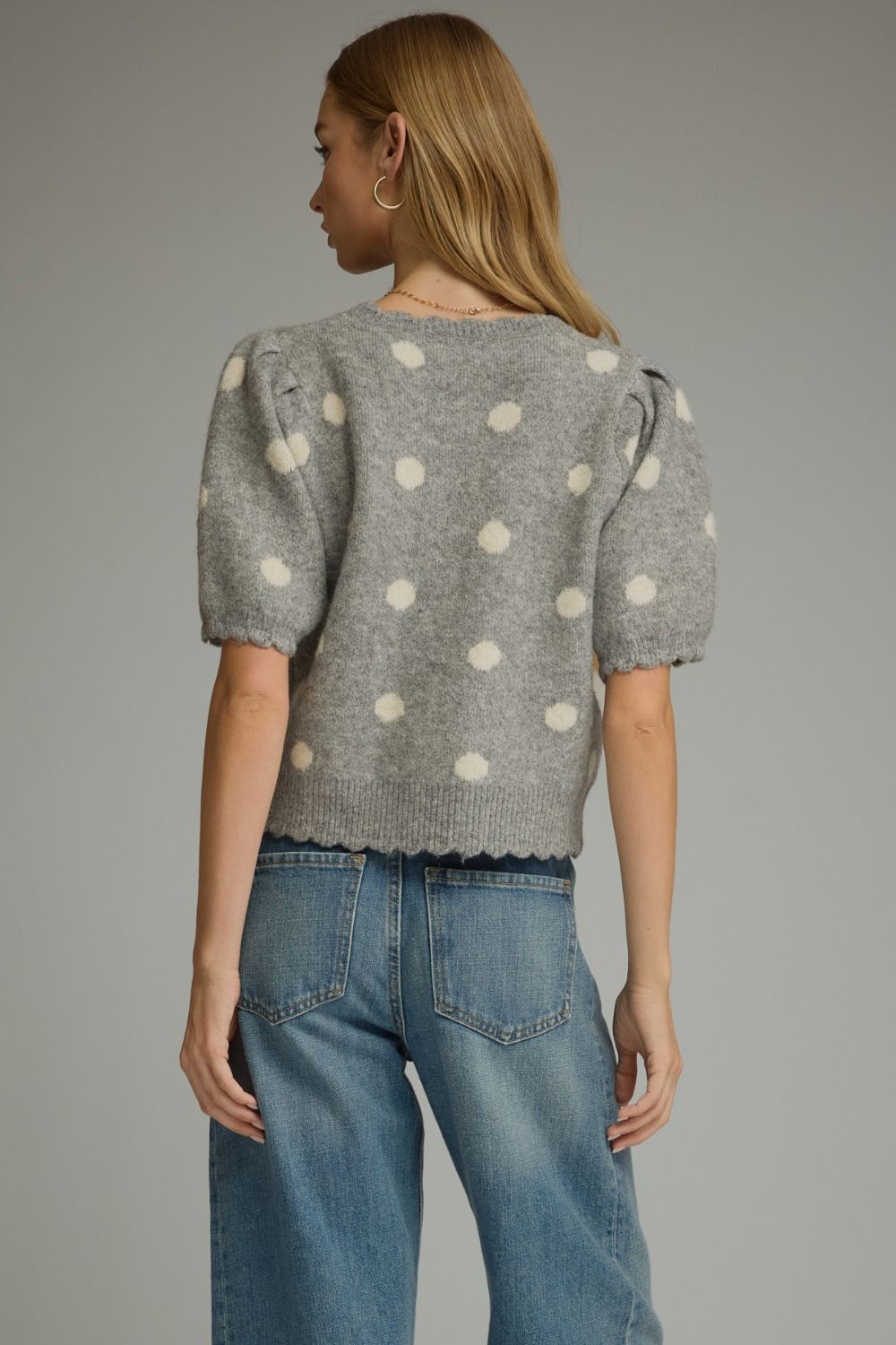 Grey Polka Dot Scallop Edge Sweater
