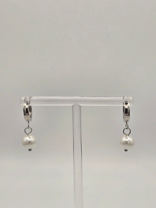 Stainless Streel Pearl Drop Hoop Earrings in Silver
