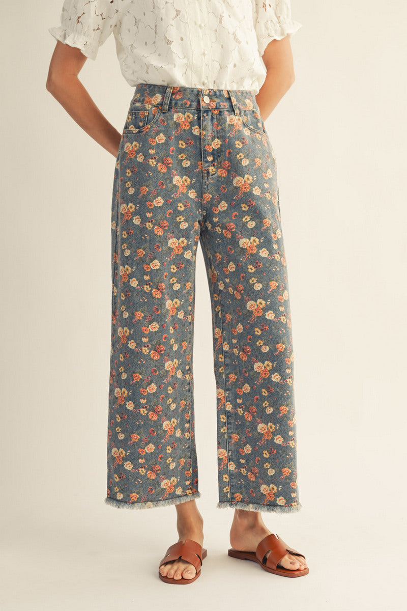Frayed Hem Wide Leg Floral Print Jeans
