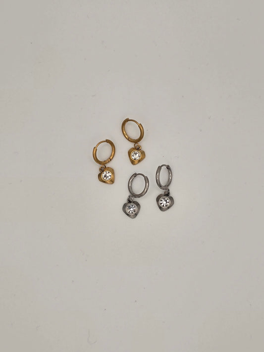 Drop Heart Hoop Earrings Gold or Silver