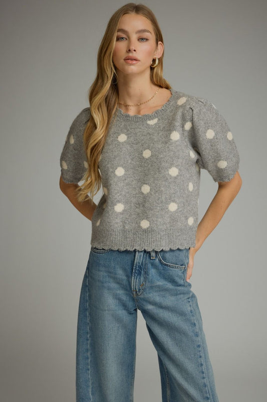 Grey Polka Dot Scallop Edge Sweater