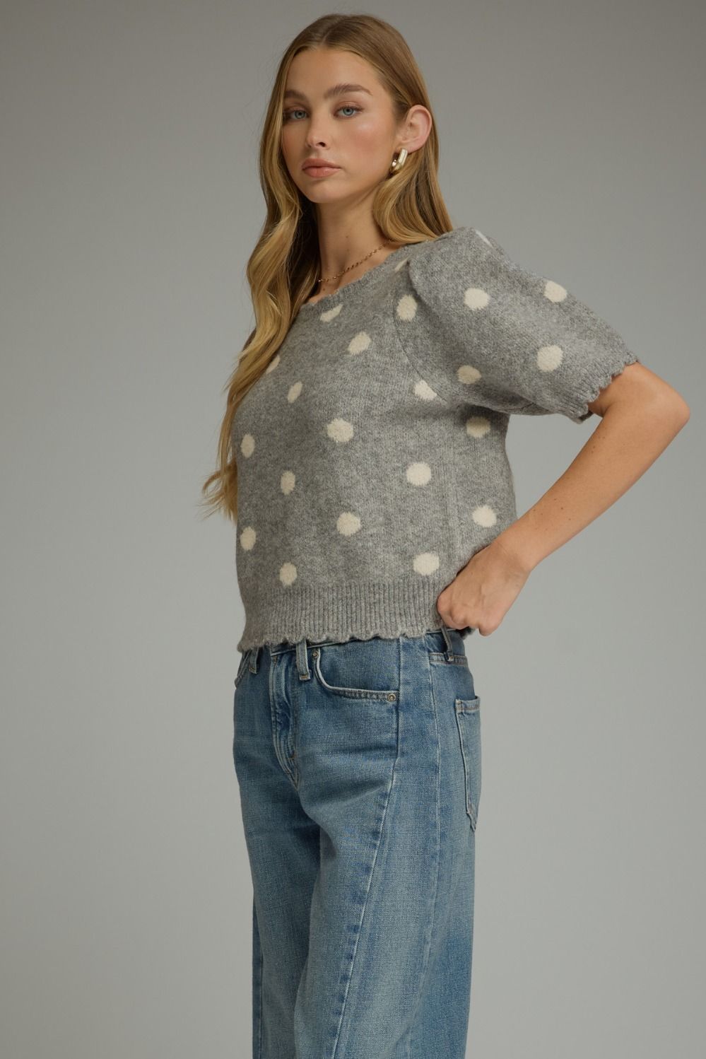 Grey Polka Dot Scallop Edge Sweater