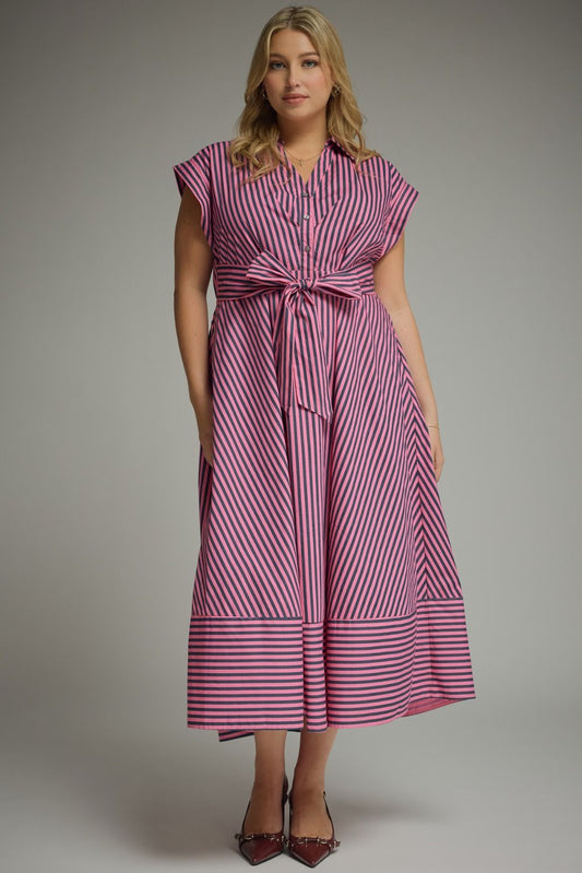 Pink & Pine Pinstripe Cap Sleeve Midi Dress (XL - 2X)