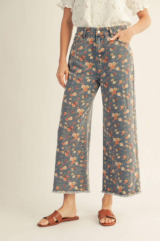 Frayed Hem Wide Leg Floral Print Jeans