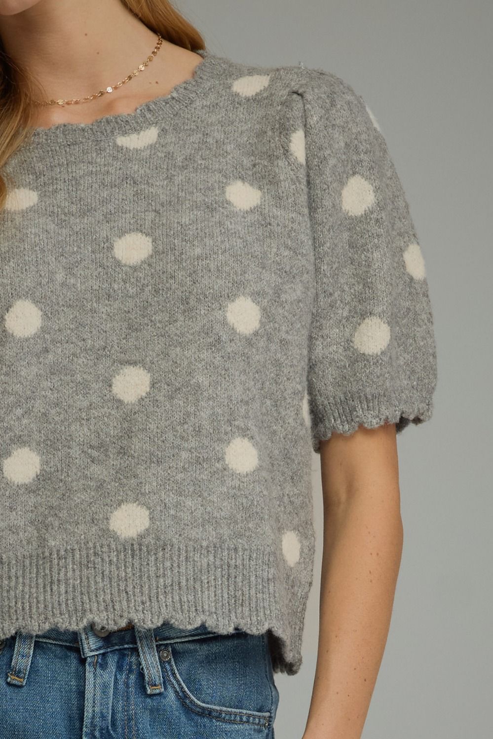 Grey Polka Dot Scallop Edge Sweater