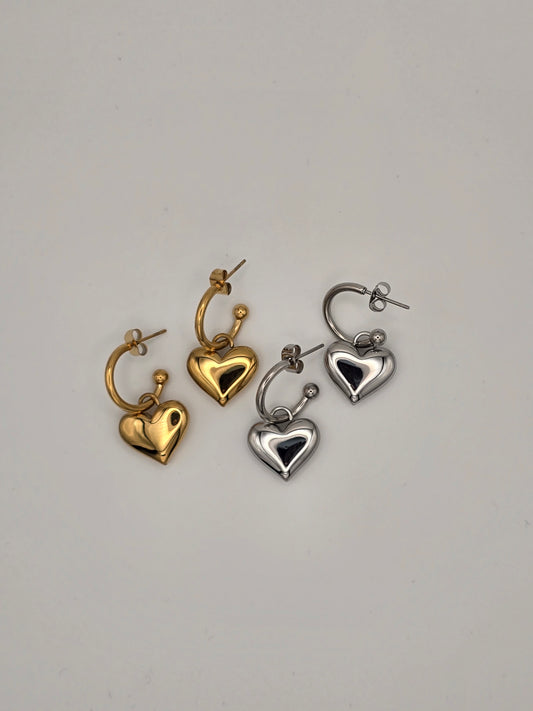 Stainless Steel Heavy Heart Hoop Earrings Gold or Silver