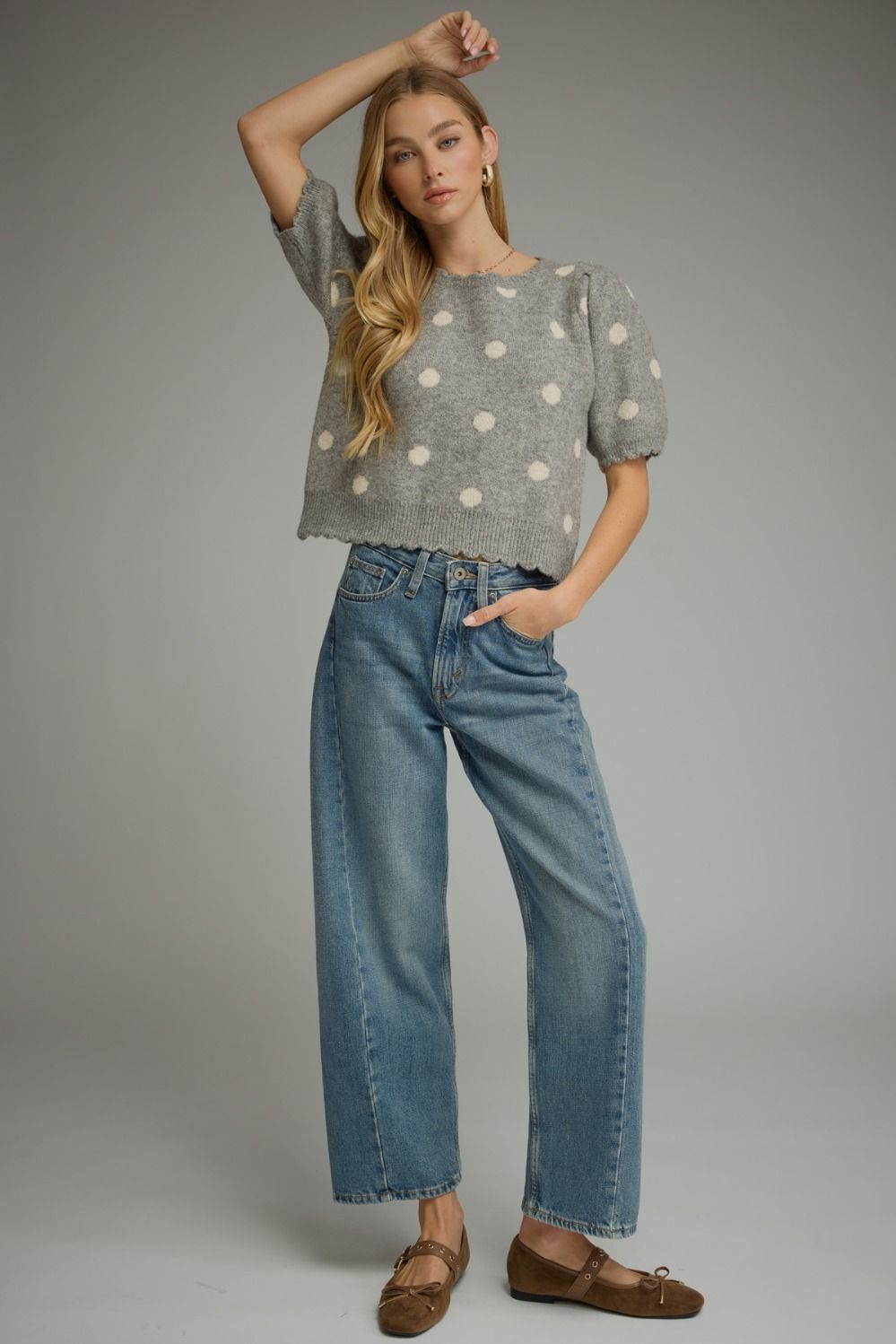 Grey Polka Dot Scallop Edge Sweater
