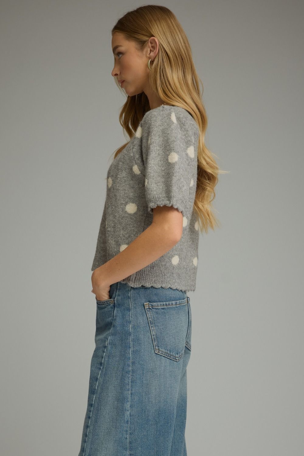 Grey Polka Dot Scallop Edge Sweater