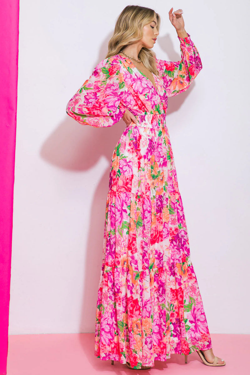 Peasant Sleeve Floral Print Maxi Dress