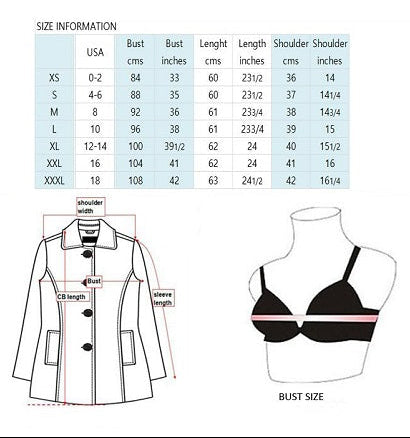 Size chart for clothing with measurements in inches and centimeters, featuring a jacket and bra illustration.