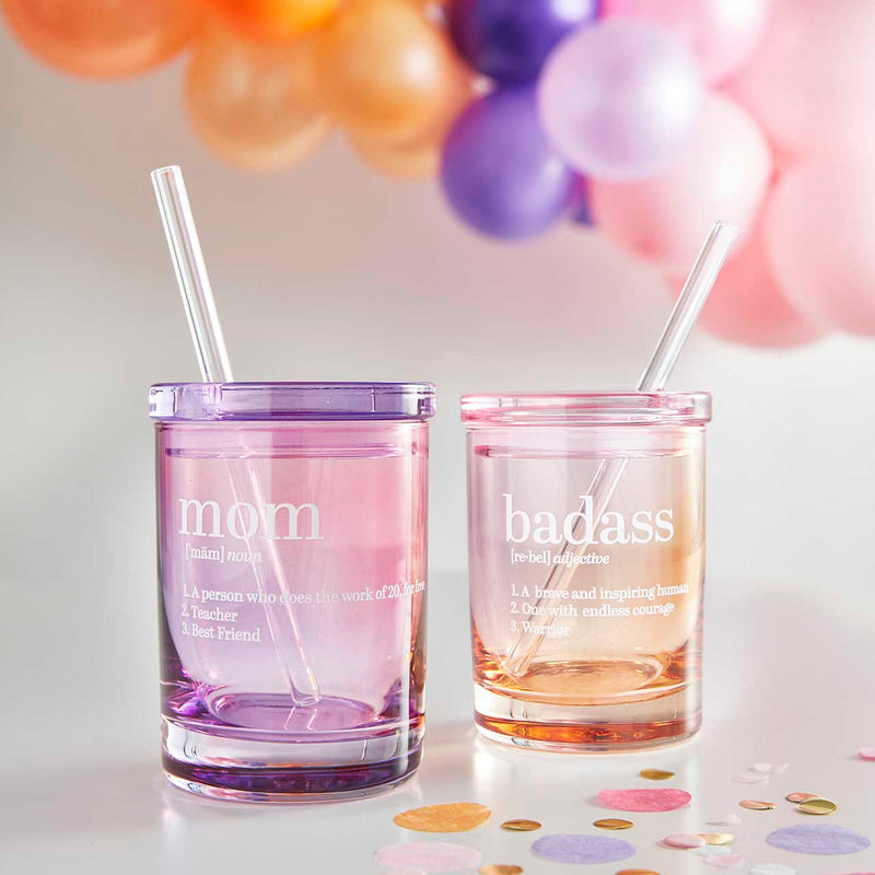 "Mom" Glass w/ Lid & Straw