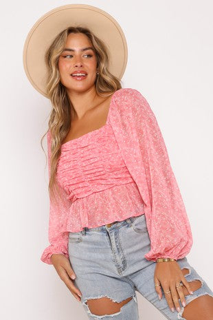 Shirred Bust Sheer Long Sleeve Top