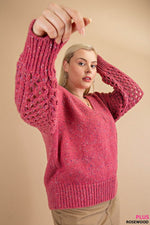 Mixed Texture Ribbed Hem V-Neck Sweater (Plus Size)