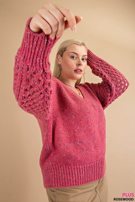 Mixed Texture Ribbed Hem V-Neck Sweater (Plus Size)