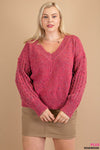 Mixed Texture Ribbed Hem V-Neck Sweater (Plus Size)