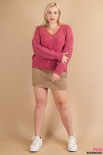 Mixed Texture Ribbed Hem V-Neck Sweater (Plus Size)