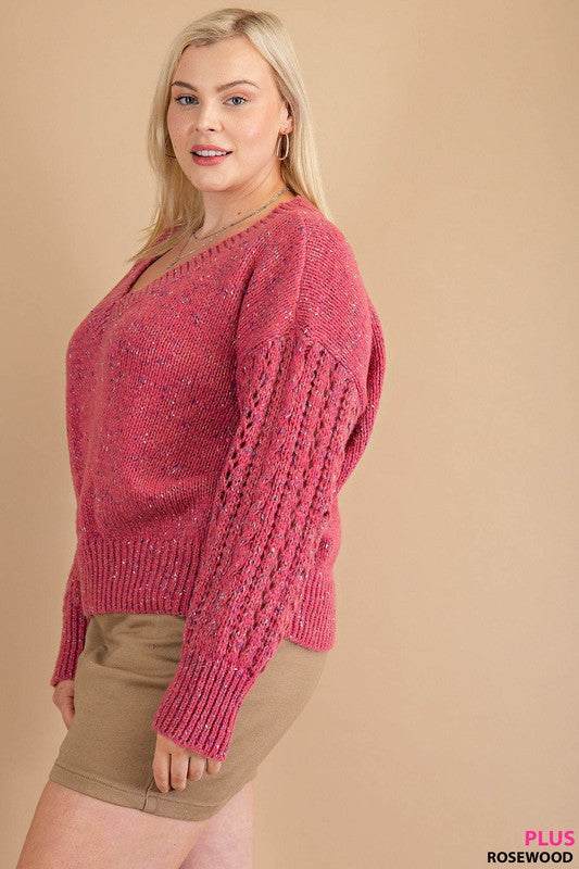 Mixed Texture Ribbed Hem V-Neck Sweater (Plus Size)