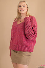 Mixed Texture Ribbed Hem V-Neck Sweater (Plus Size)