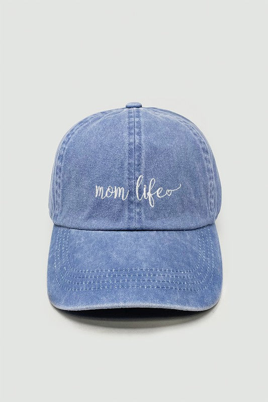 "Mom Life" Embroidered Vintage Wash Baseball Hat (Denim Blue)