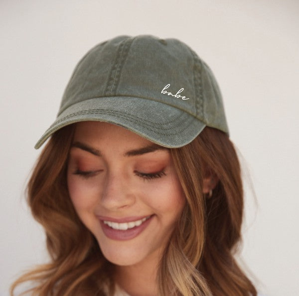 "Babe" Side Script Embroidered Baseball Hat (Olive)