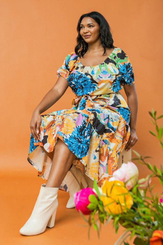 Abstract Print Off Shoulder Midi Dress (Plus Size)