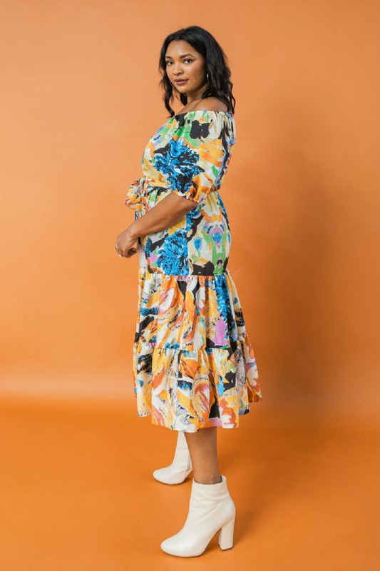 Abstract Print Off Shoulder Midi Dress (Plus Size)