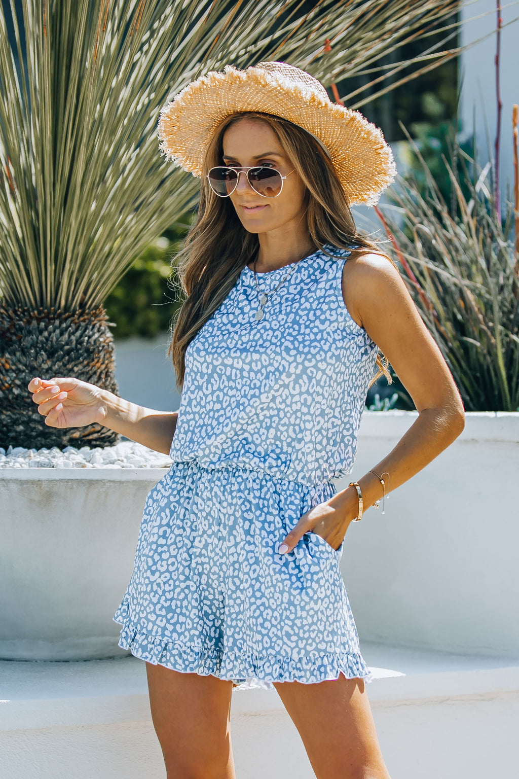 Ruffle Trim Blue Leopard Print Romper