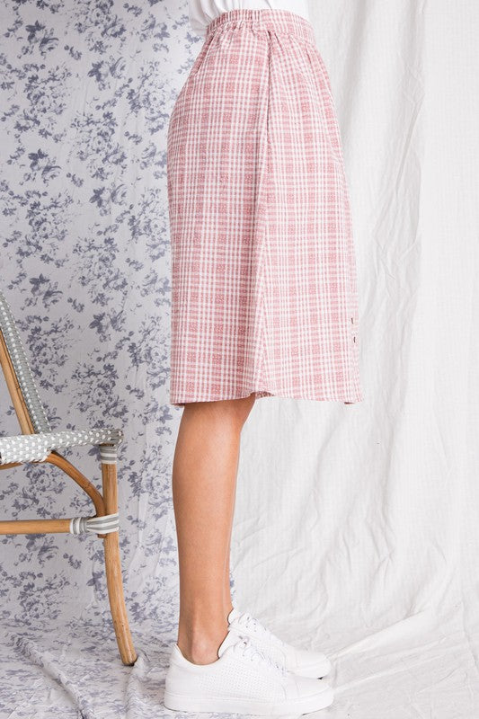 Button Front Elastic Waist Midi Skirt (Mauve)