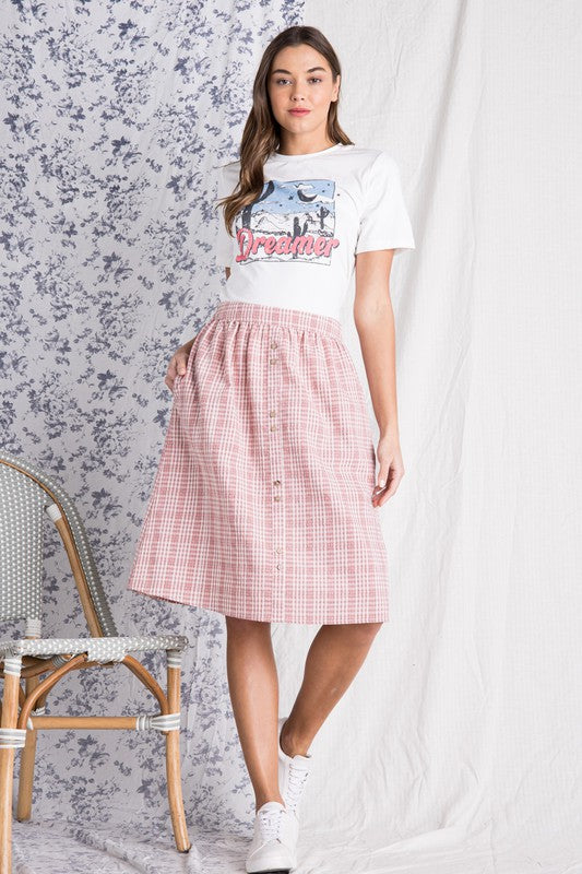 Button Front Elastic Waist Midi Skirt (Mauve)