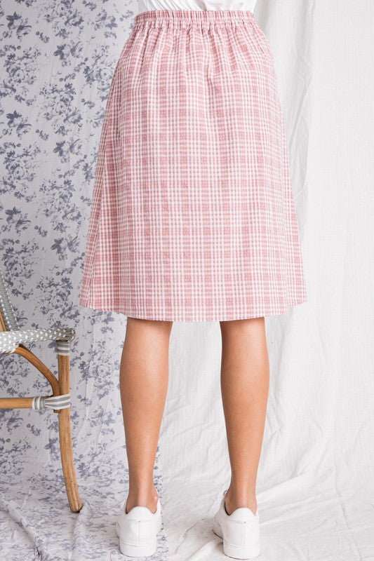Button Front Elastic Waist Midi Skirt (Mauve)