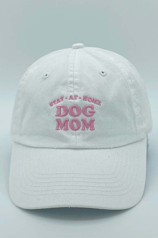 "Stay at Home Dog Mom" Embroidered Baseball Hat (White)