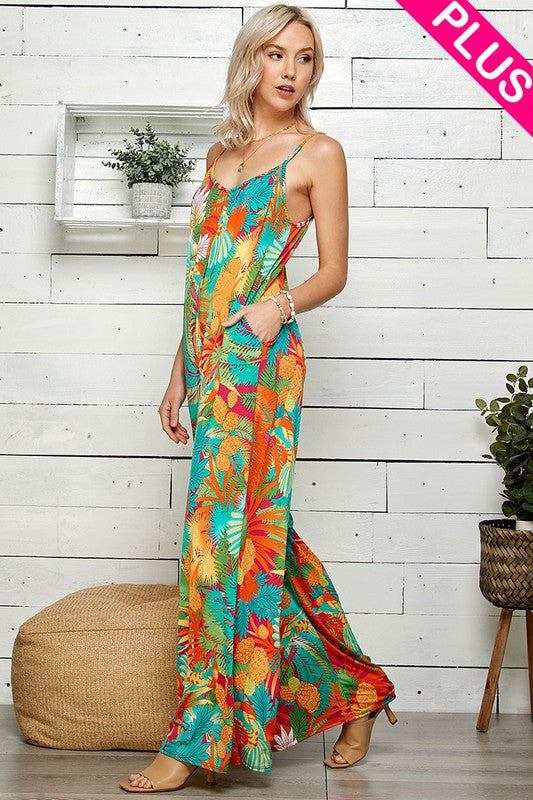 Tropical Print Wide Leg Jumpsuit (Plus Size)