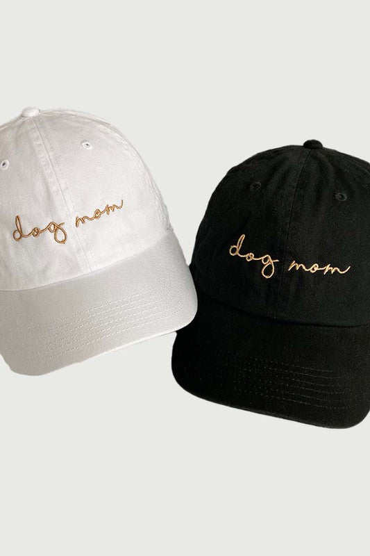 "Dog Mom" Gold Script Embroidery Baseball Hat (Black)