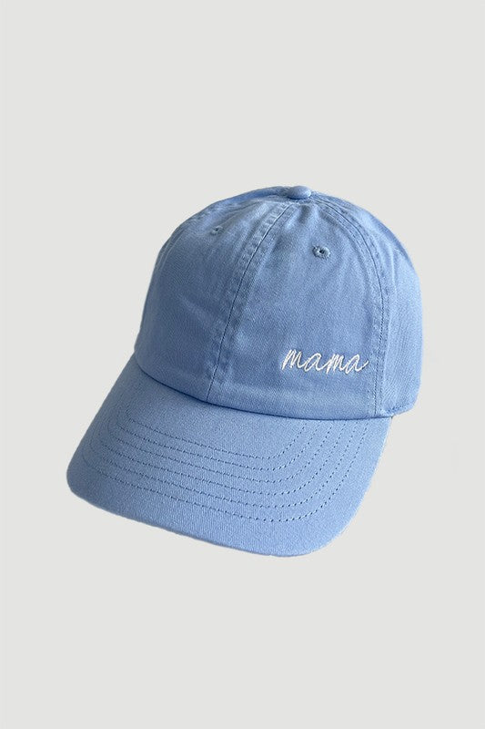 "Mama" Side Script Embroidered Baseball Hat (Sky Blue)