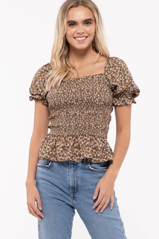Floral Print Puff Sleeve Smocked Top