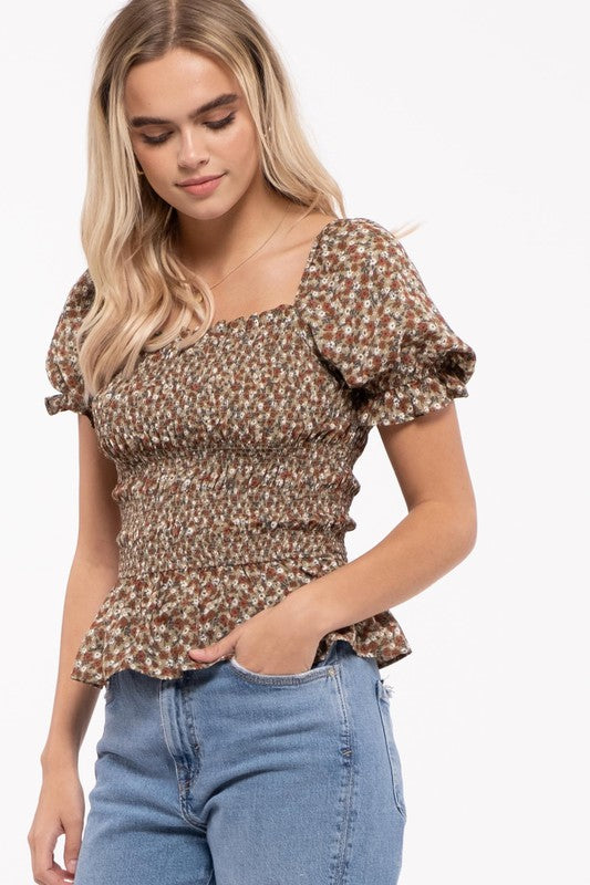 Floral Print Puff Sleeve Smocked Top