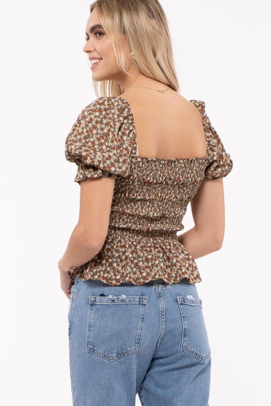 Floral Print Puff Sleeve Smocked Top