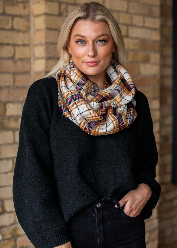 Cream & Mustard Plaid Infinity Scarf