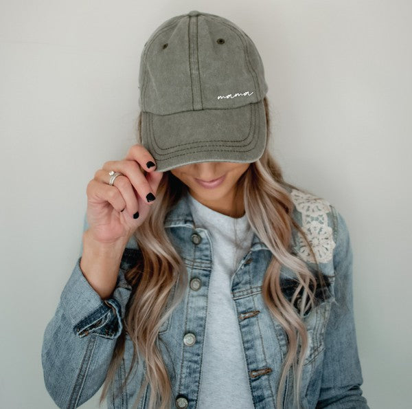 "Mama" Embroidered Side Script Hat (Olive)