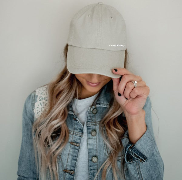 "Mama" Embroidered Side Script Hat (Stone)
