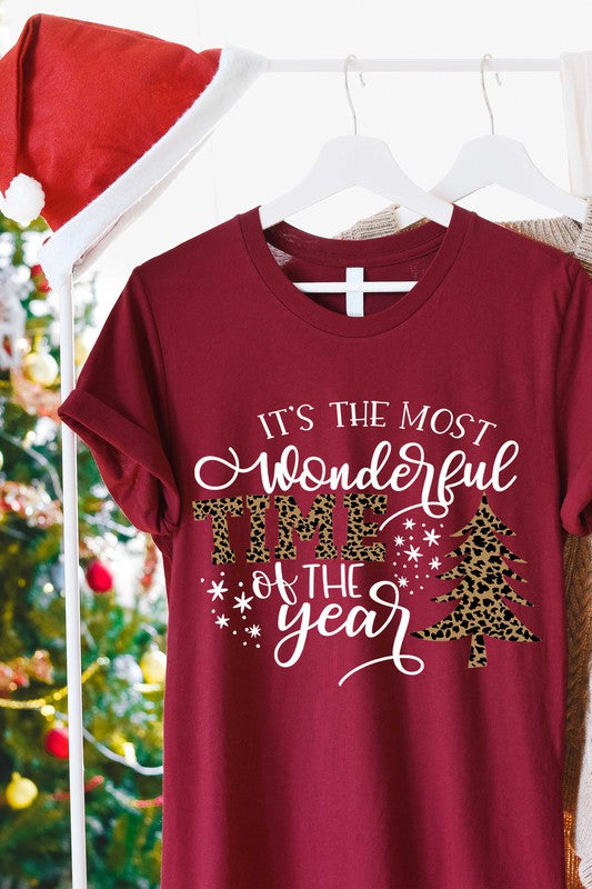 "It's The Most Wonderful Time of the Year" Leopard Print Unisex T-Shirt (Burgundy)