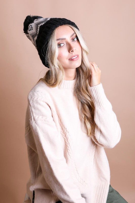 Faux Fur Lined Classic Winter Pom Pom Beanie (Black)