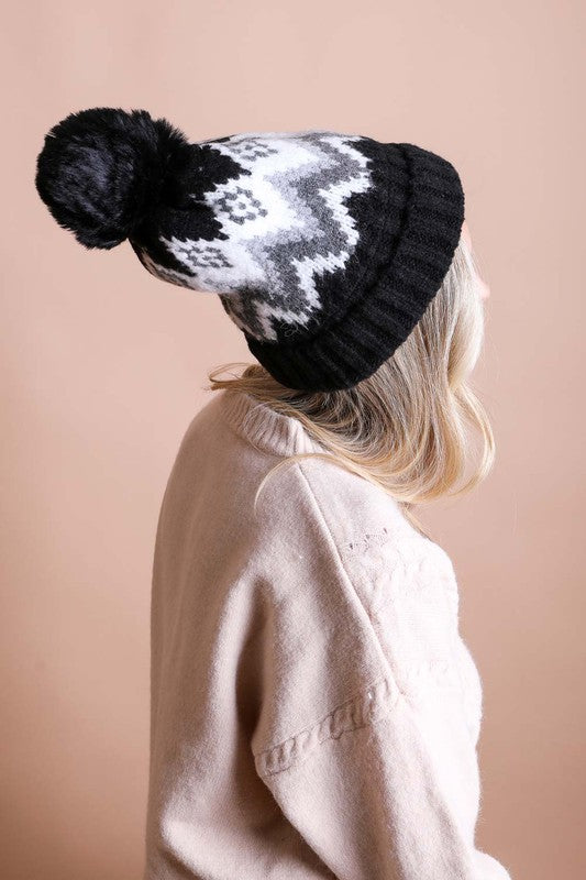 Faux Fur Lined Classic Winter Pom Pom Beanie (Black)