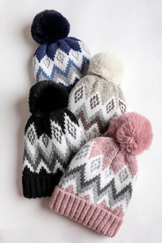Faux Fur Lined Classic Winter Pom Pom Beanie (Black)