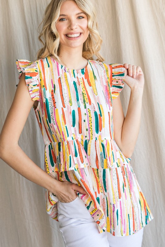 Colorful Print Ruffle Waist Top