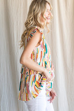 Colorful Print Ruffle Waist Top