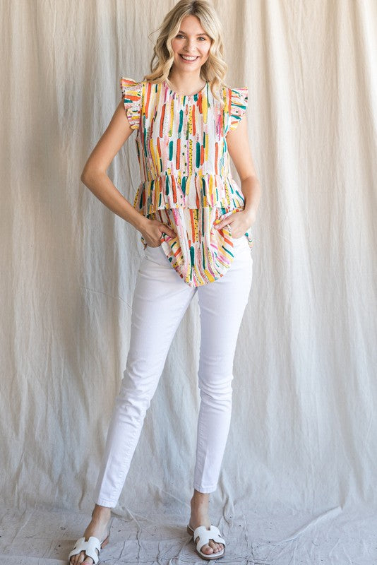 Colorful Print Ruffle Waist Top